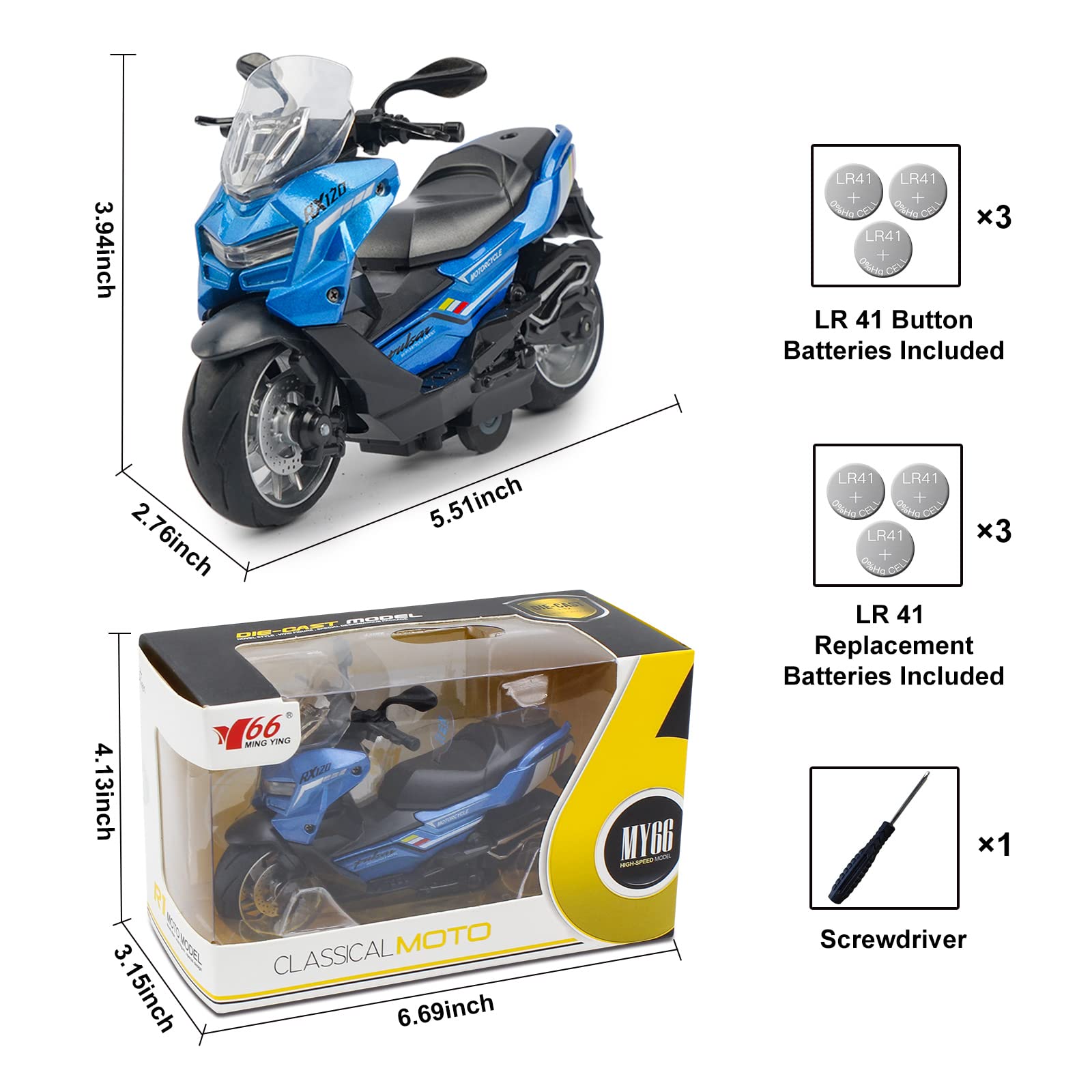 Diecast Motorcycle Model - Toy Motorcycle with Sound and Light for Kids Age 3 Year. Motorcycle Toys for Kids, Adults, and Boys (Blue)