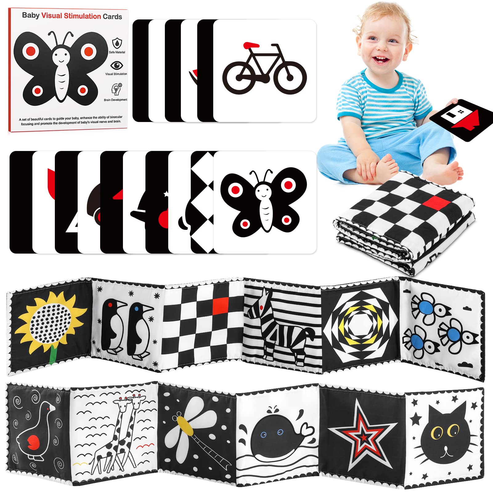 Black and White High Contrast Baby Book for Newborn with Baby Flashcards, Infant Tummy Time Soft Cloth Book Crib Toys, Washable Non-Toxic Early Educational Visual Stimulation Baby Toys