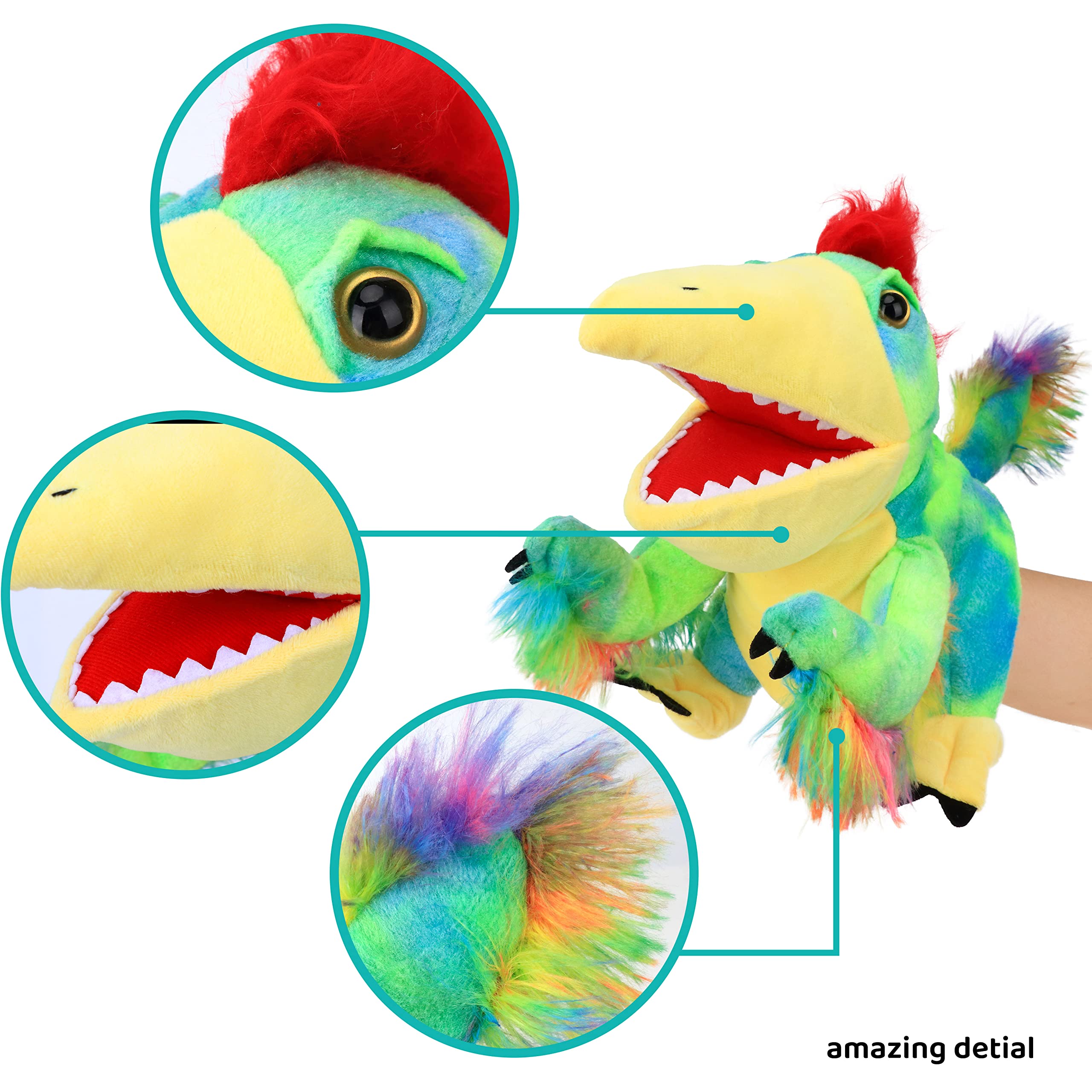 Cuteoy Plush Caudipteryx Hand Puppet Stuffed Animal Toy Open Movable Mouth Creative Role Play Storytelling Dinosaur Plushies Gifts for Kids Toddlers Birthday Christmas