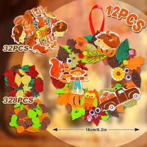 Whaline 12 Kits Fall Leaf Wreath Craft Kits Glitter Thanksgiving 3D Foam Wreath Signs with Maple Leaves Pumpkin Wiggle Eyes for Kids DIY Crafts Fall Thanksgiving Party Decor