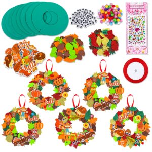 Whaline 12 Kits Fall Leaf Wreath Craft Kits Glitter Thanksgiving 3D Foam Wreath Signs with Maple Leaves Pumpkin Wiggle Eyes for Kids DIY Crafts Fall Thanksgiving Party Decor