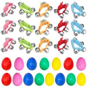 MUKLEI 30 Packs Shaker Musical Instruments, 15 Packs Plastic Egg Shakers and 15 Packs Wrist Band Jingle Bells, Jingle Bells Instrument Wrist Shaking Bells for Party, Christmas, Birthday, 5 Colors