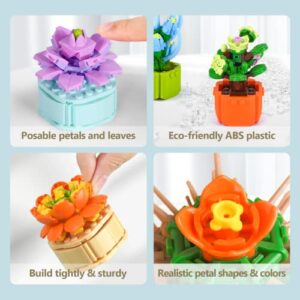 MOONTOY Succulents Artificial Plants Set Building Blocks Toys, 6 Packs Birthday Gifts for Adults Kids, Succulent Botanical Collection Flower Bouquet Kit Home Office Decor Bonsai Creative Gift (521PCS)