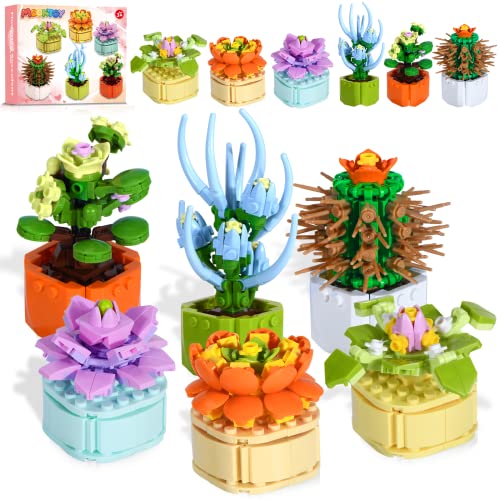 MOONTOY Succulents Artificial Plants Set Building Blocks Toys, 6 Packs Birthday Gifts for Adults Kids, Succulent Botanical Collection Flower Bouquet Kit Home Office Decor Bonsai Creative Gift (521PCS)