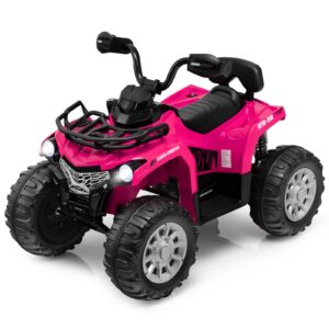 costzon kids atv, 12v battery powered electric vehicle w/music, headlights, mp3, spring suspension, high & low speed, treaded tires, storage basket, ride on 4 wheeler quad for 3-8 years old (pink)