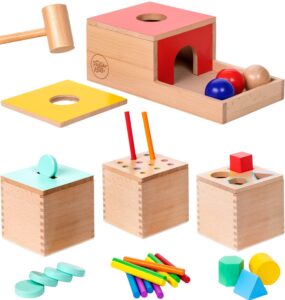 pidoko kids montessori toys for 1 year old - wooden object permanence box, coin drop, color and shape sorter top | baby toys 12-18 months - 1st birthday gifts boy girl - learning toys for 1+ year old