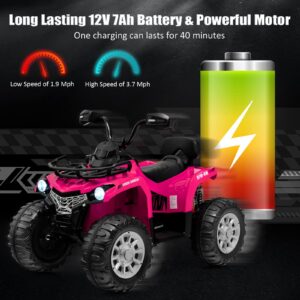 Costzon Kids ATV, 12V Battery Powered Electric Vehicle w/Music, Headlights, MP3, Spring Suspension, High & Low Speed, Treaded Tires, Storage Basket, Ride on 4 Wheeler Quad for 3-8 Years Old (Pink)