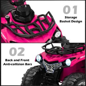 Costzon Kids ATV, 12V Battery Powered Electric Vehicle w/Music, Headlights, MP3, Spring Suspension, High & Low Speed, Treaded Tires, Storage Basket, Ride on 4 Wheeler Quad for 3-8 Years Old (Pink)