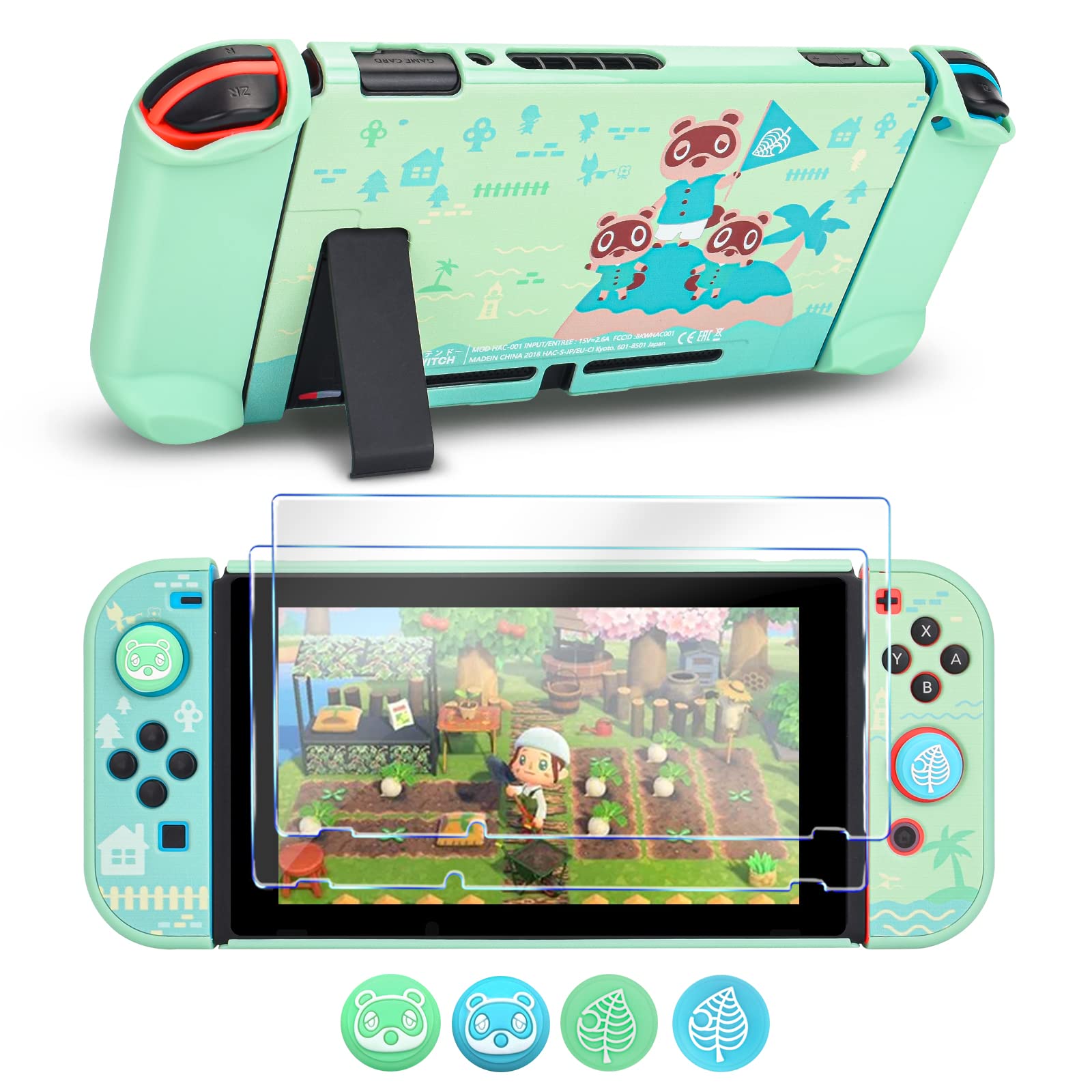 DLseego Protective Case Design for Switch Model, Newest Pattern Animal Crossing Design Cover Case with 2 Pcs Glass Screen Protectors and 4 Pcs Cute Thumb Grip Caps Green Accessories Set