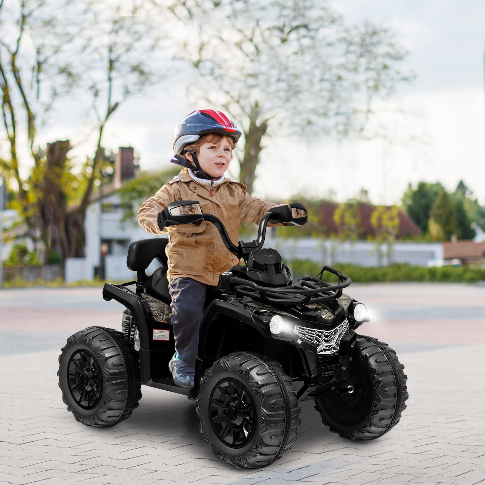 Costzon Kids ATV, 12V Battery Powered Electric Vehicle w/Music, Headlights, MP3, Spring Suspension, High & Low Speed, Treaded Tires, Storage Basket, Ride on 4 Wheeler Quad for 3-8 Years Old (Black)