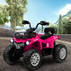 Costzon Kids ATV, 12V Battery Powered Electric Vehicle w/Music, Headlights, MP3, Spring Suspension, High & Low Speed, Treaded Tires, Storage Basket, Ride on 4 Wheeler Quad for 3-8 Years Old (Pink)