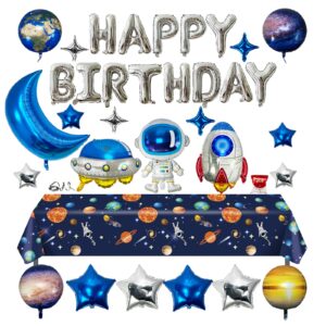 24Pcs 4D Galaxy Space Man Balloons Cartoon Inflatable Rocket Astronaut Earth Spaceship Planet Party Supplies Happy Birthday Decoration Moon Star Foil for Boy Kid Baby Shower Airship Wedding Tablecloth