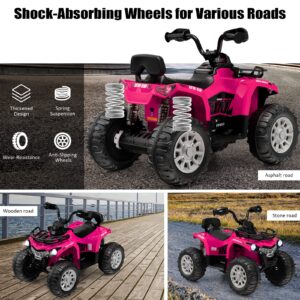 Costzon Kids ATV, 12V Battery Powered Electric Vehicle w/Music, Headlights, MP3, Spring Suspension, High & Low Speed, Treaded Tires, Storage Basket, Ride on 4 Wheeler Quad for 3-8 Years Old (Pink)