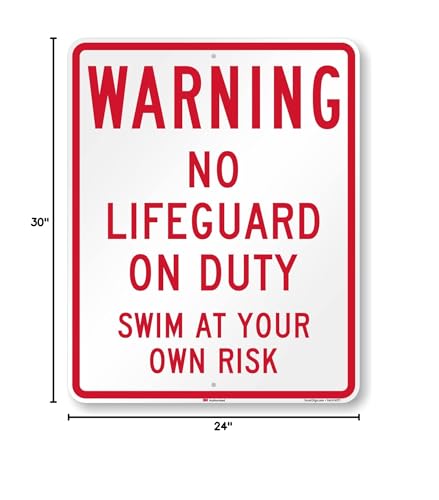 SmartSign 30 x 24 inch “Warning - No Lifeguard On Duty, Swim At Your Own Risk” Metal Sign, 80 mil Aluminum, 3M Laminated Engineer Grade Reflective Material, Red and White, Made in USA