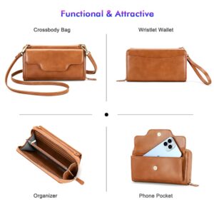 nuoku Crossbody Bags for Women, Wristlet Cell Phone Rfid Wallet for Women, Small Clutch Purses , , Brown