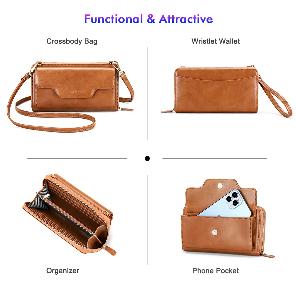 nuoku Crossbody Bags for Women, Wristlet Cell Phone Rfid Wallet for Women, Small Clutch Purses , , Brown