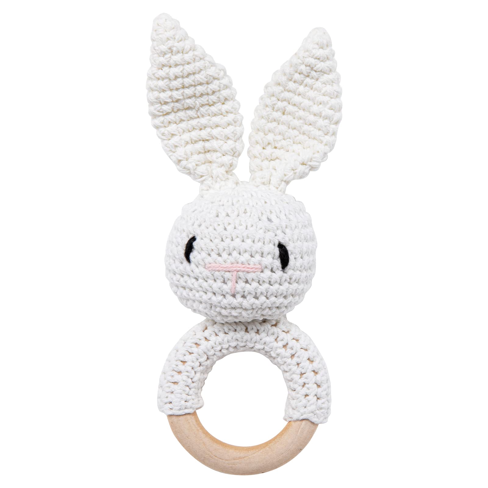 Wooden Baby Rattle Crochet White Bunny Baby Toys Handmade Newborn Toy Early Development Grips Stuffed Animal Organic Rattle (Bunny-2)