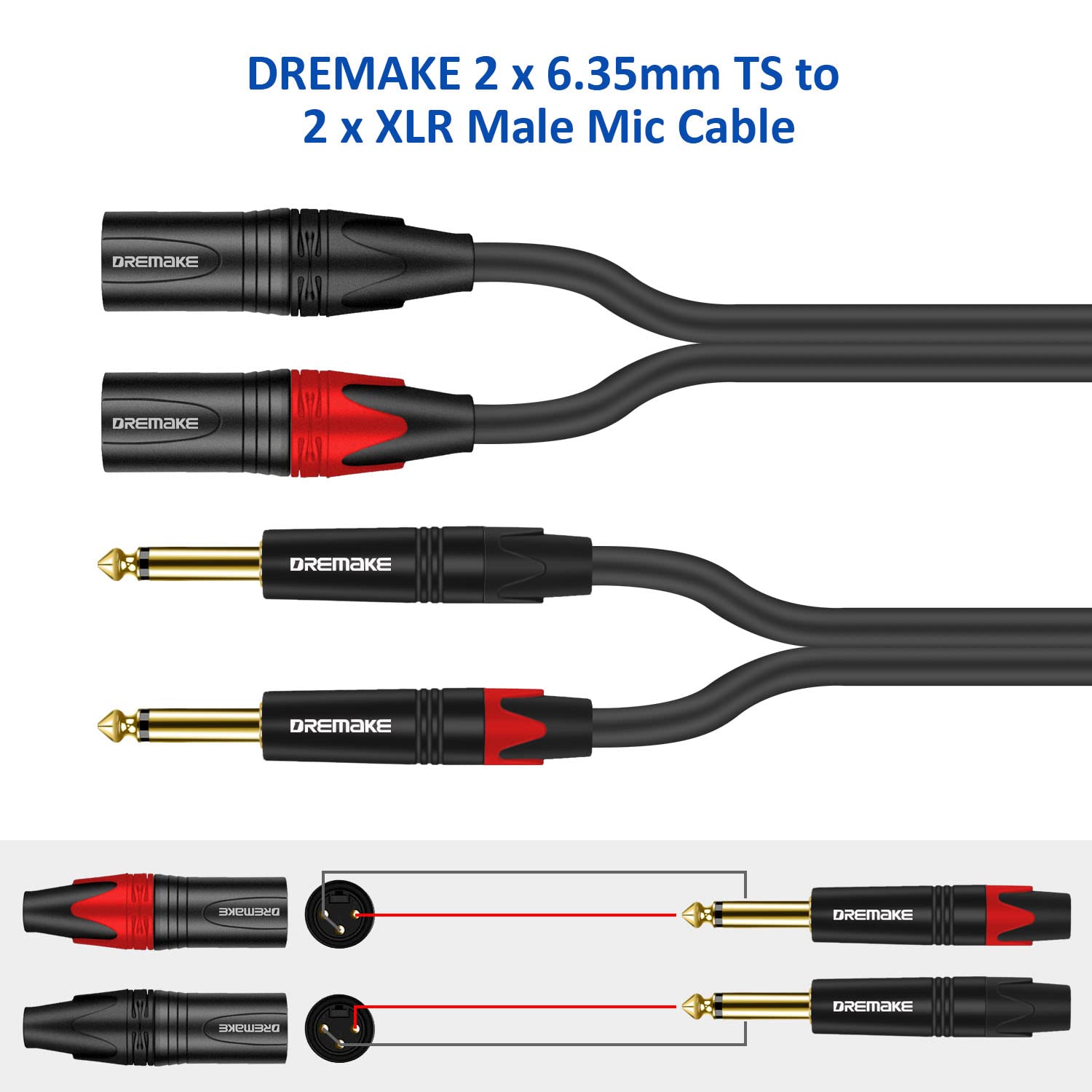 DREMAKE Dual 3-Pin XLR Male to Dual 6.35mm 1/4'' TS Mono Microphone Patch Cable, 10FT XLR to TS 1/4'' 6.35mm Splitter Adapter Cable, Dual 1/4 Inch Mono to Dual XLR Unbalanced Mic Audio Cord