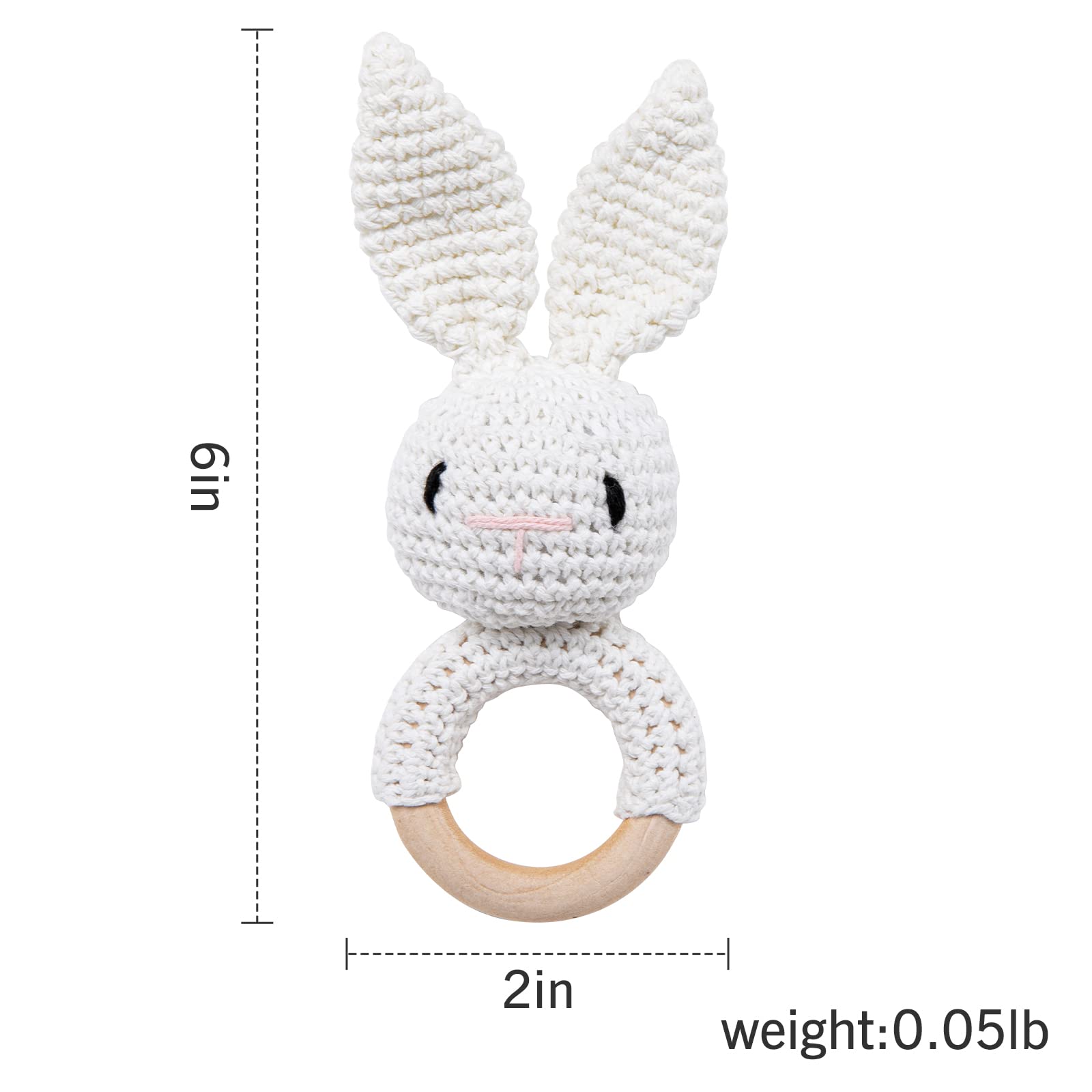 Wooden Baby Rattle Crochet White Bunny Baby Toys Handmade Newborn Toy Early Development Grips Stuffed Animal Organic Rattle (Bunny-2)