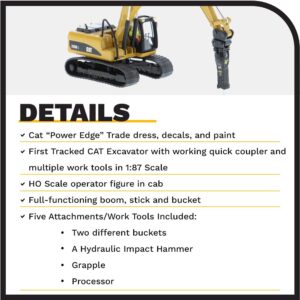 Diecast Masters 1:87 Caterpillar 320D L Hydraulic Excavator & Work Tools, HO Scale Series Cat Trucks & Construction Equipment |1:87 Scale Model Diecast Collectible Model 85652