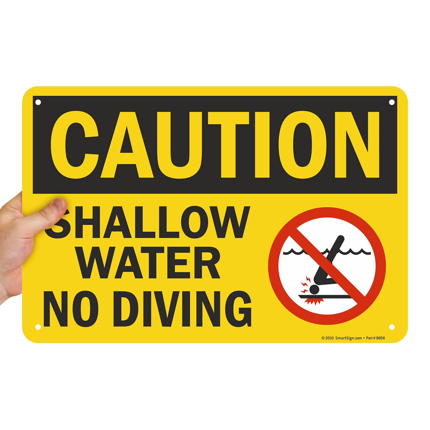 SmartSign 12 x 18 inch “Caution - Shallow Water, No Diving” Sign With Graphic, Digitally Printed, 55 mil HDPE Plastic, Multicolor, Made in USA