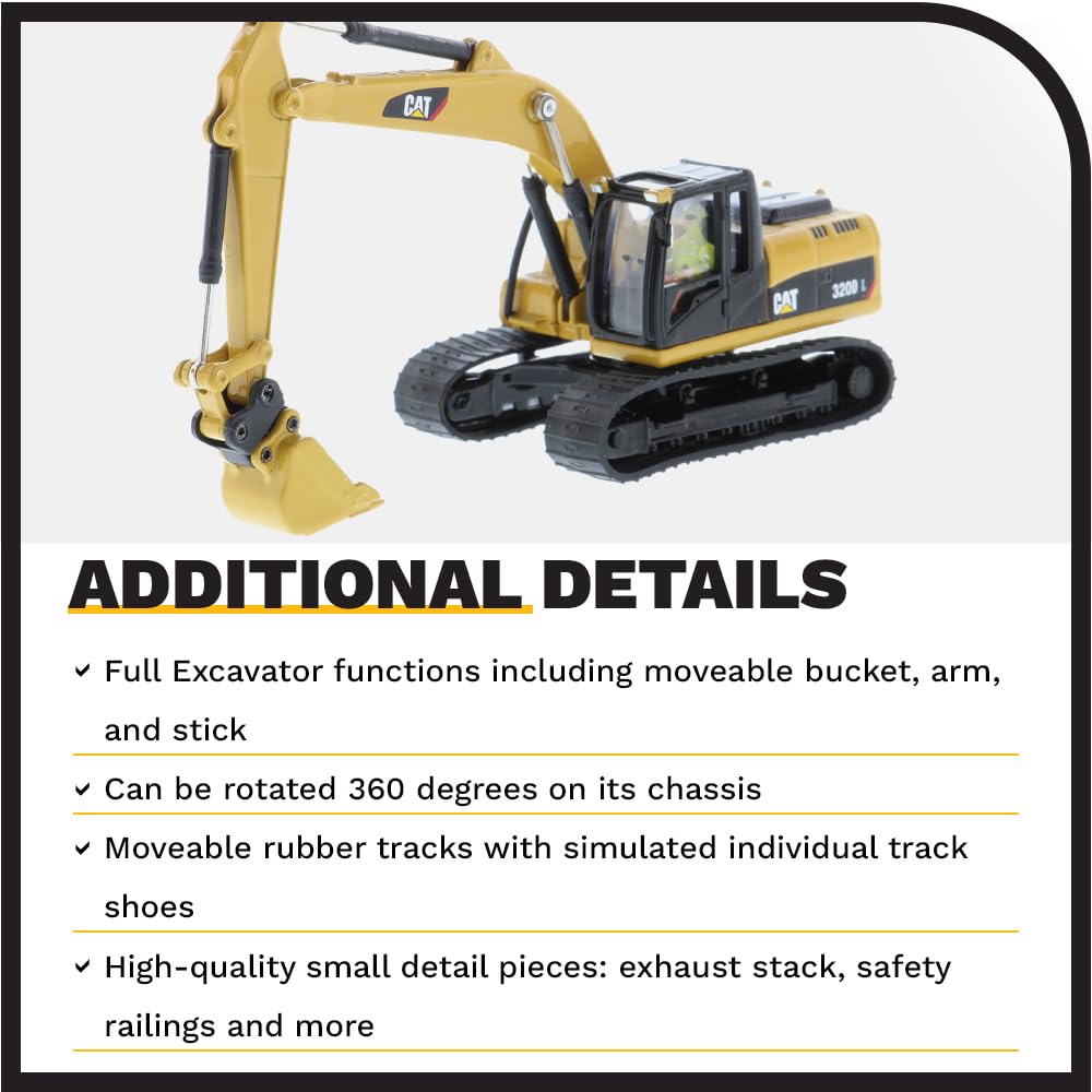 Diecast Masters 1:87 Caterpillar 320D L Hydraulic Excavator & Work Tools, HO Scale Series Cat Trucks & Construction Equipment |1:87 Scale Model Diecast Collectible Model 85652