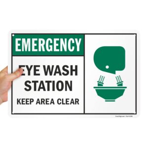 SmartSign 12 x 18 inch “Emergency Eye Wash Station - Keep Area Clear“ Sign With Graphic, Digitally Printed, 55 mil HDPE Plastic, Black, Green and white, Made in USA