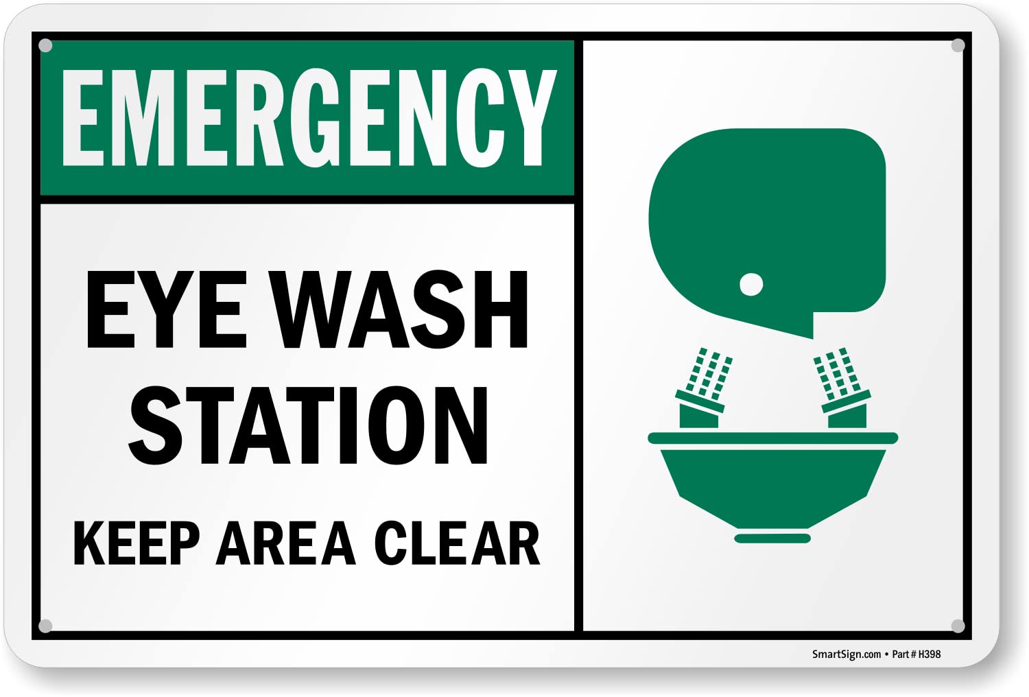 SmartSign 12 x 18 inch “Emergency Eye Wash Station - Keep Area Clear“ Sign With Graphic, Digitally Printed, 55 mil HDPE Plastic, Black, Green and white, Made in USA