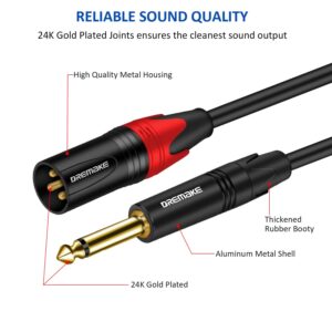 DREMAKE Dual 3-Pin XLR Male to Dual 6.35mm 1/4'' TS Mono Microphone Patch Cable, 10FT XLR to TS 1/4'' 6.35mm Splitter Adapter Cable, Dual 1/4 Inch Mono to Dual XLR Unbalanced Mic Audio Cord