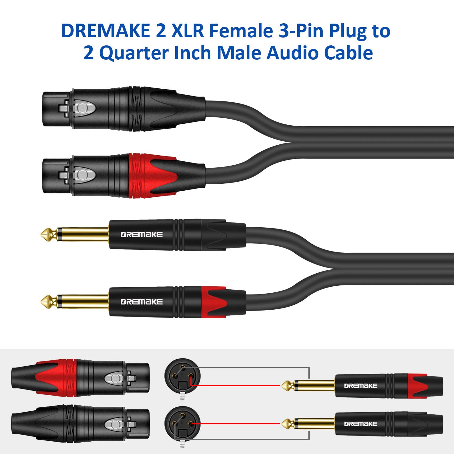 DREMAKE Dual 3-Pin XLR Female to Dual Male 6.35mm 1/4'' TS Mono Microphone Audio Patch Cable, 1.6FT XLR to 6.35mm TS Splitter Converter Cable, 2 x Quarter Inch to 2 x XLR Mic Adapter Cord for Mixer