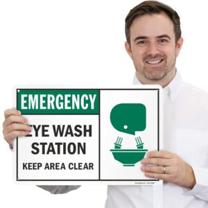 SmartSign 12 x 18 inch “Emergency Eye Wash Station - Keep Area Clear“ Sign With Graphic, Digitally Printed, 55 mil HDPE Plastic, Black, Green and white, Made in USA