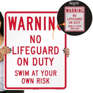 SmartSign 30 x 24 inch “Warning - No Lifeguard On Duty, Swim At Your Own Risk” Metal Sign, 80 mil Aluminum, 3M Laminated Engineer Grade Reflective Material, Red and White, Made in USA