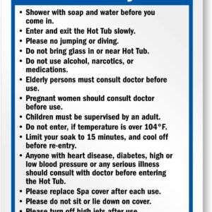 SmartSign 14 x 10 inch “Hot Tub Safety Rules” Metal Sign with Pre-Cleared Holes, 40 mil Laminated Rustproof Aluminum, Blue, Black and White, Made in USA