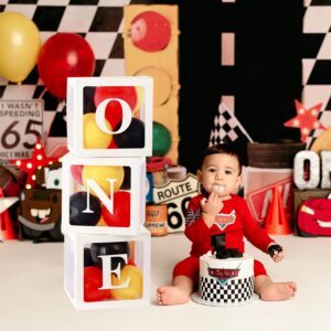 First Birthday Decorations for Boy Girls, ONE Balloon Boxes with Red Yellow and Black Balloons, ONE Blocks for Cartoon Mouse Race Car Theme Baby 1st Birthday Backdrop, Cake Smash Photo Props