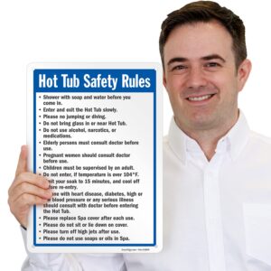 SmartSign 14 x 10 inch “Hot Tub Safety Rules” Metal Sign with Pre-Cleared Holes, 40 mil Laminated Rustproof Aluminum, Blue, Black and White, Made in USA