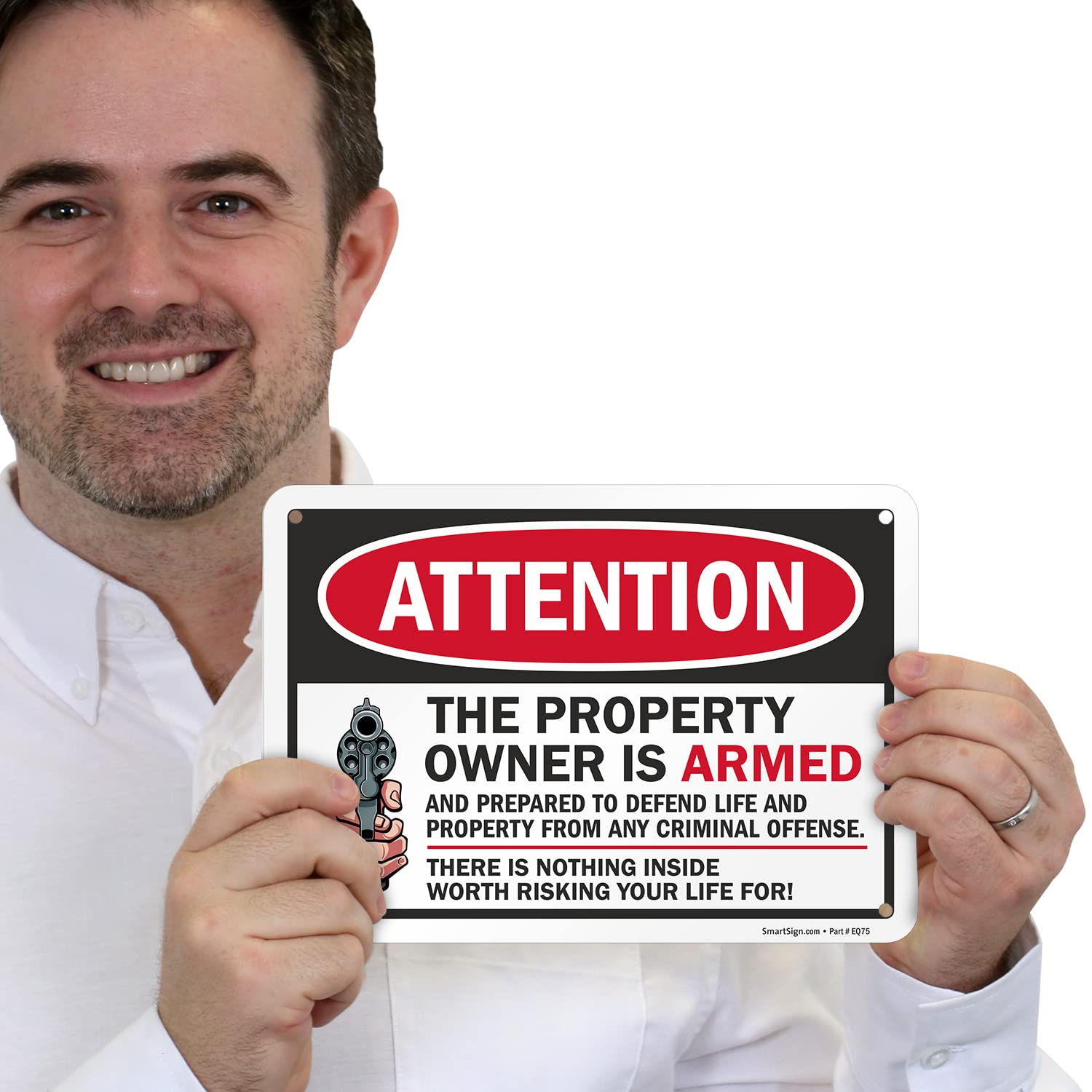 SmartSign 7 x 10 inch “Attention - Property Owner is Armed and Prepared to Defend Life and Property” Metal Sign With Graphic, 40 mil Laminated Rustproof Aluminum, Multicolor, Made in USA