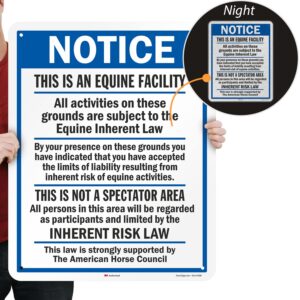 SmartSign 30" x 24" 'Notice - This Is An Equine Facility, Not A Spectator Area, Inherent Risk Law' Sign, 80 mil Aluminum, 3M Laminated Engineer Grade Reflective, Blue/Black/White, USA-Made