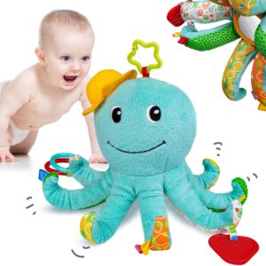 sumobaby infant baby musical stuffed animal activity soft toys, baby teething toys with multi-sensory crinkle, rattle and mirror, for tummy time newborn 0-3-6-12 months boys, girls, octopus, blue