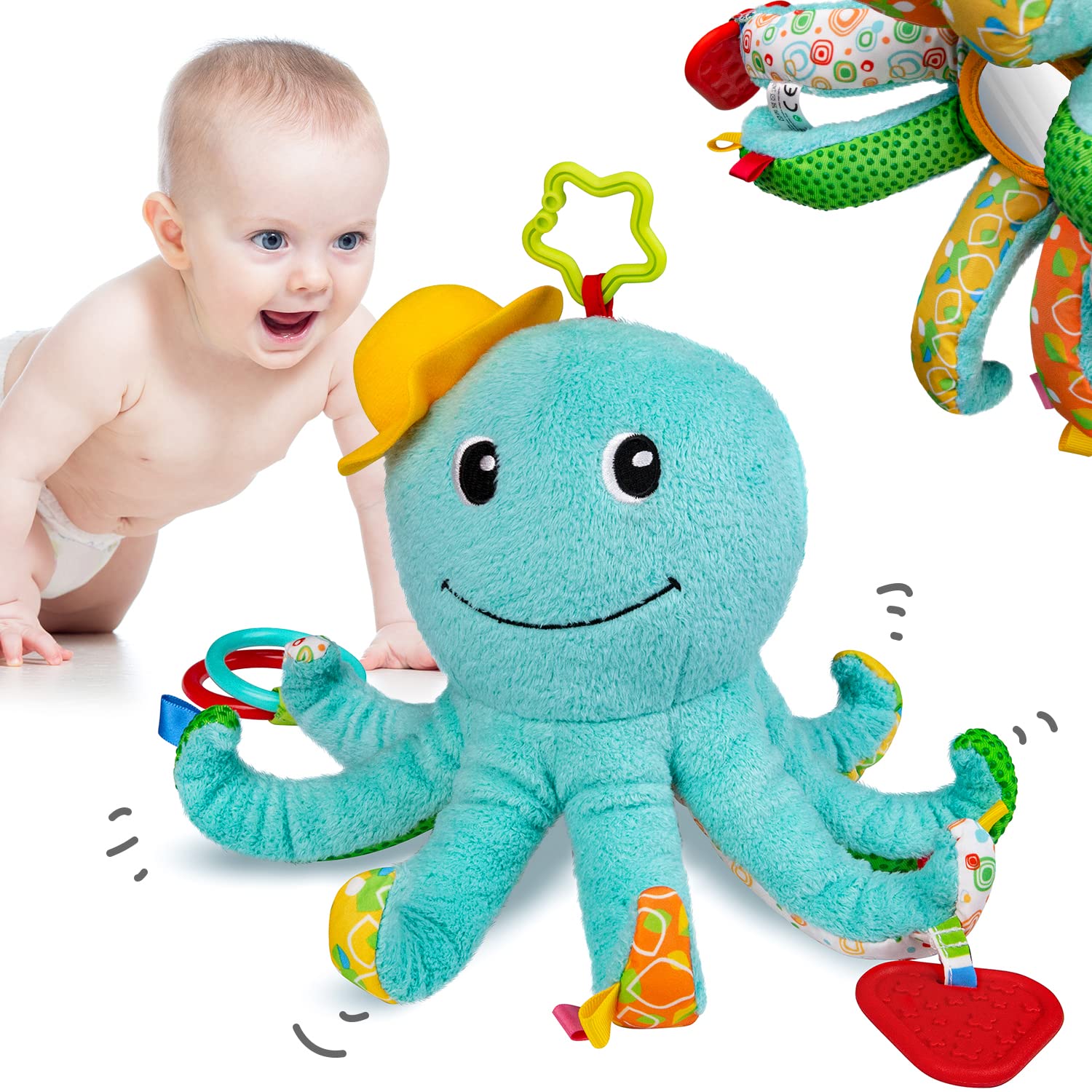 Sumobaby Infant Baby Musical Stuffed Animal Activity Soft Toys, Baby Teething Toys with Multi-Sensory Crinkle, Rattle and Mirror, for Tummy Time Newborn 0-3-6-12 Months Boys, Girls, Octopus, Blue