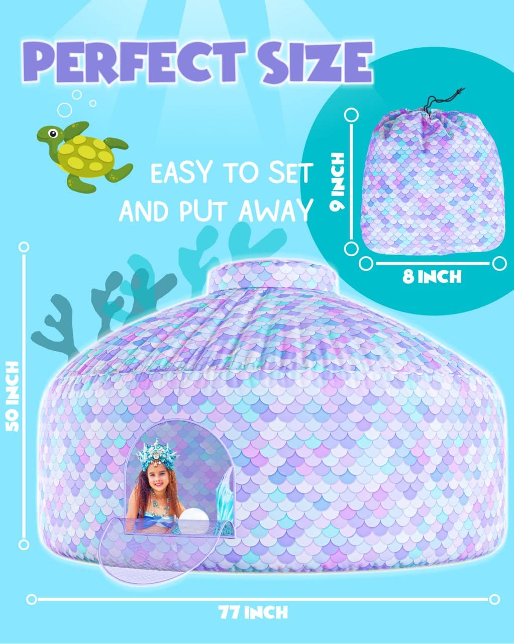 Skywin- Inflatable Tent for Kids (Mermaid) - Inflatable Air Tent Fort for Kids, Inflatable Fort Sets Up and Stores Away in Seconds, (Fan NOT Included) (with Door)