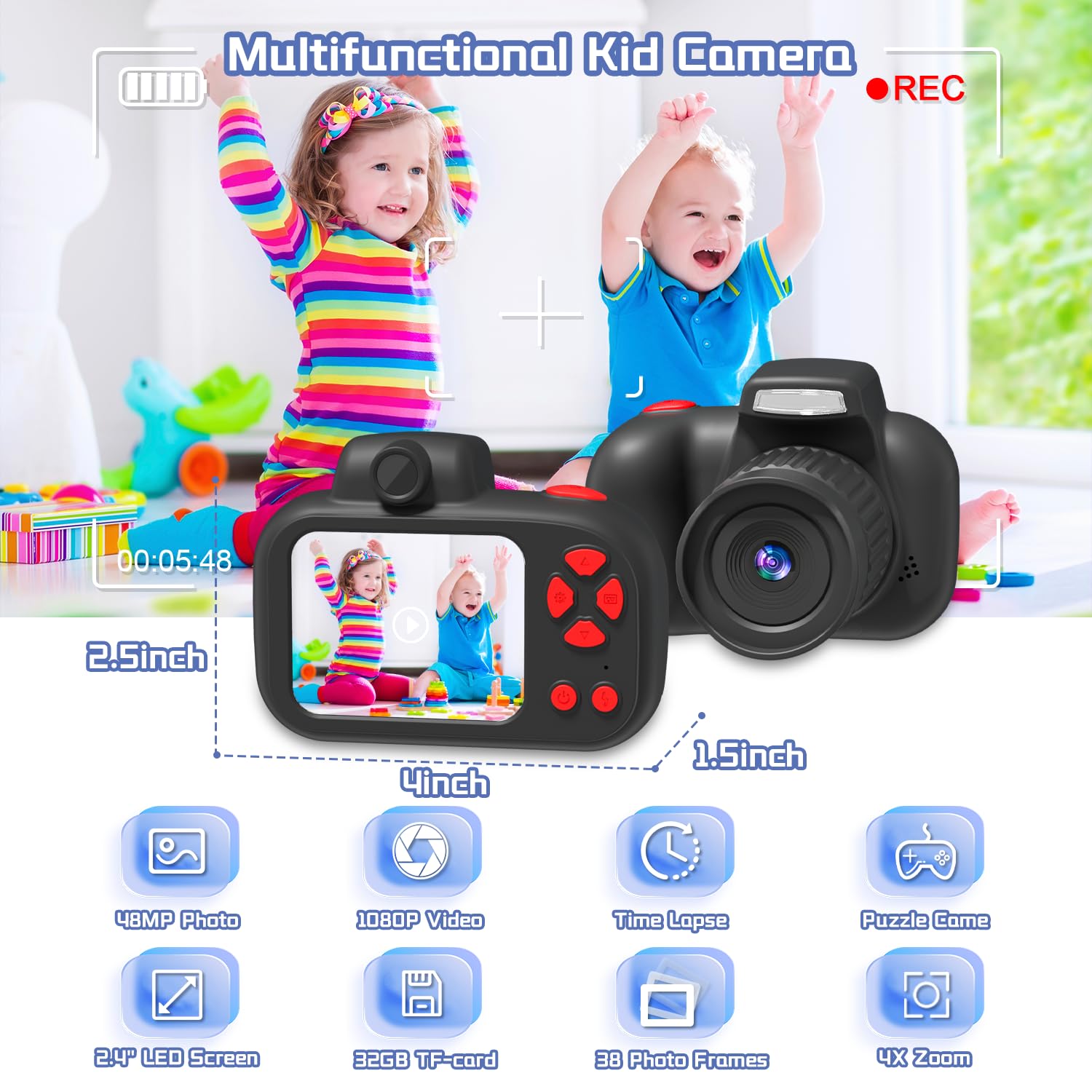 Temodu Kids Camera, Best Birthday Festival Toys Gifts for Girls Boys Age 3 4 5 6 7 8 9 10 11 12 Year Old, Digital Camera for Kids with Video, Toy Camera Toddler Camera for Girls with 32GB Card - Black