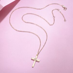 FANCIME 14K SOLID REAL Yellow Gold Star Natural Diamond 0.025ct Cross Crucifix Delicate Necklace Dainty Pendant Fine Jewelry Birthday Gifts For Women, With 16+2" Solid Gold Cable Chain