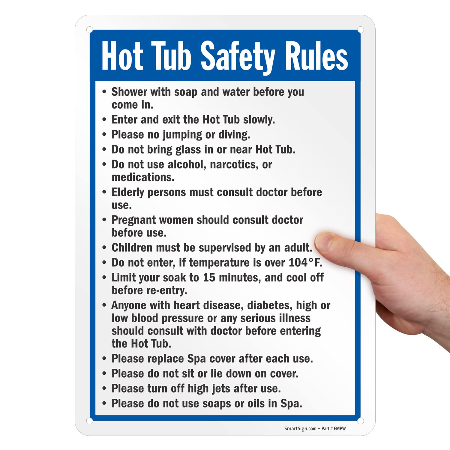 SmartSign 14 x 10 inch “Hot Tub Safety Rules” Metal Sign with Pre-Cleared Holes, 40 mil Laminated Rustproof Aluminum, Blue, Black and White, Made in USA