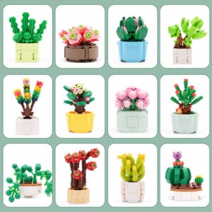 SATHIBI Flower Building Set for Adults,Succulents Botanical Collection Decor,Artificia Plant Bouquet Toys Gifts for Kids Boys Girls Ages 6+(12 Kits)