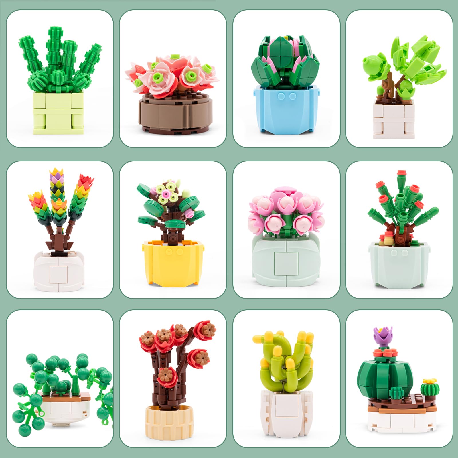 SATHIBI Flower Building Set for Adults,Succulents Botanical Collection Decor,Artificia Plant Bouquet Toys Gifts for Kids Boys Girls Ages 6+(12 Kits)