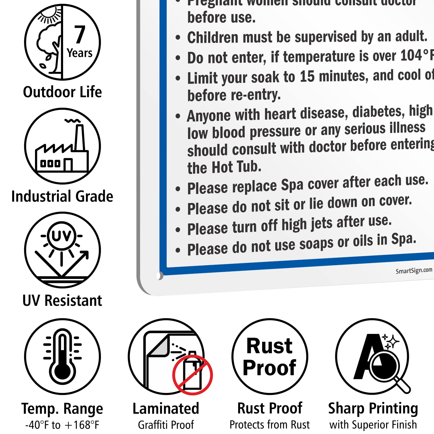 SmartSign 14 x 10 inch “Hot Tub Safety Rules” Metal Sign with Pre-Cleared Holes, 40 mil Laminated Rustproof Aluminum, Blue, Black and White, Made in USA