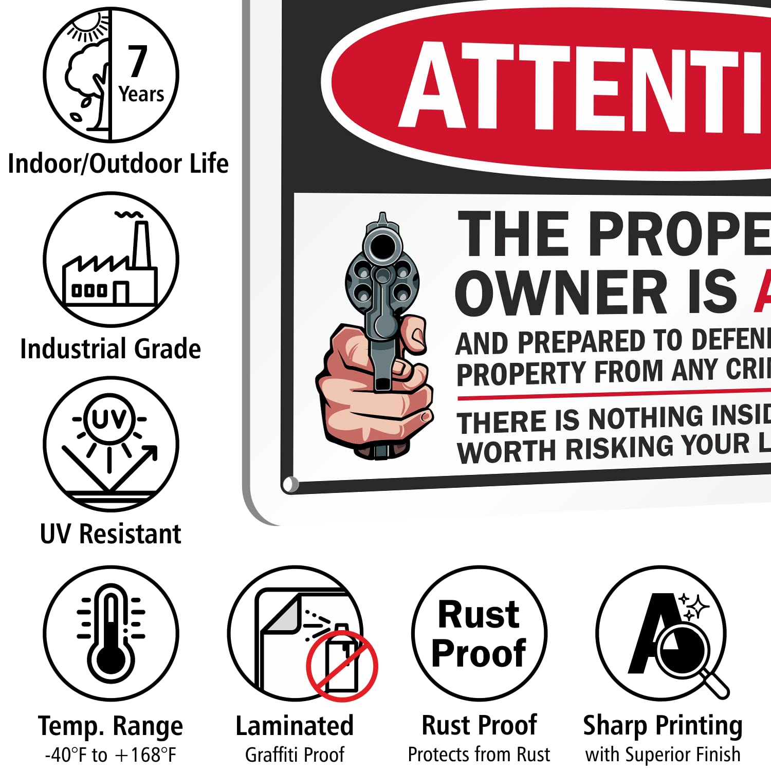 SmartSign 7 x 10 inch “Attention - Property Owner is Armed and Prepared to Defend Life and Property” Metal Sign With Graphic, 40 mil Laminated Rustproof Aluminum, Multicolor, Made in USA