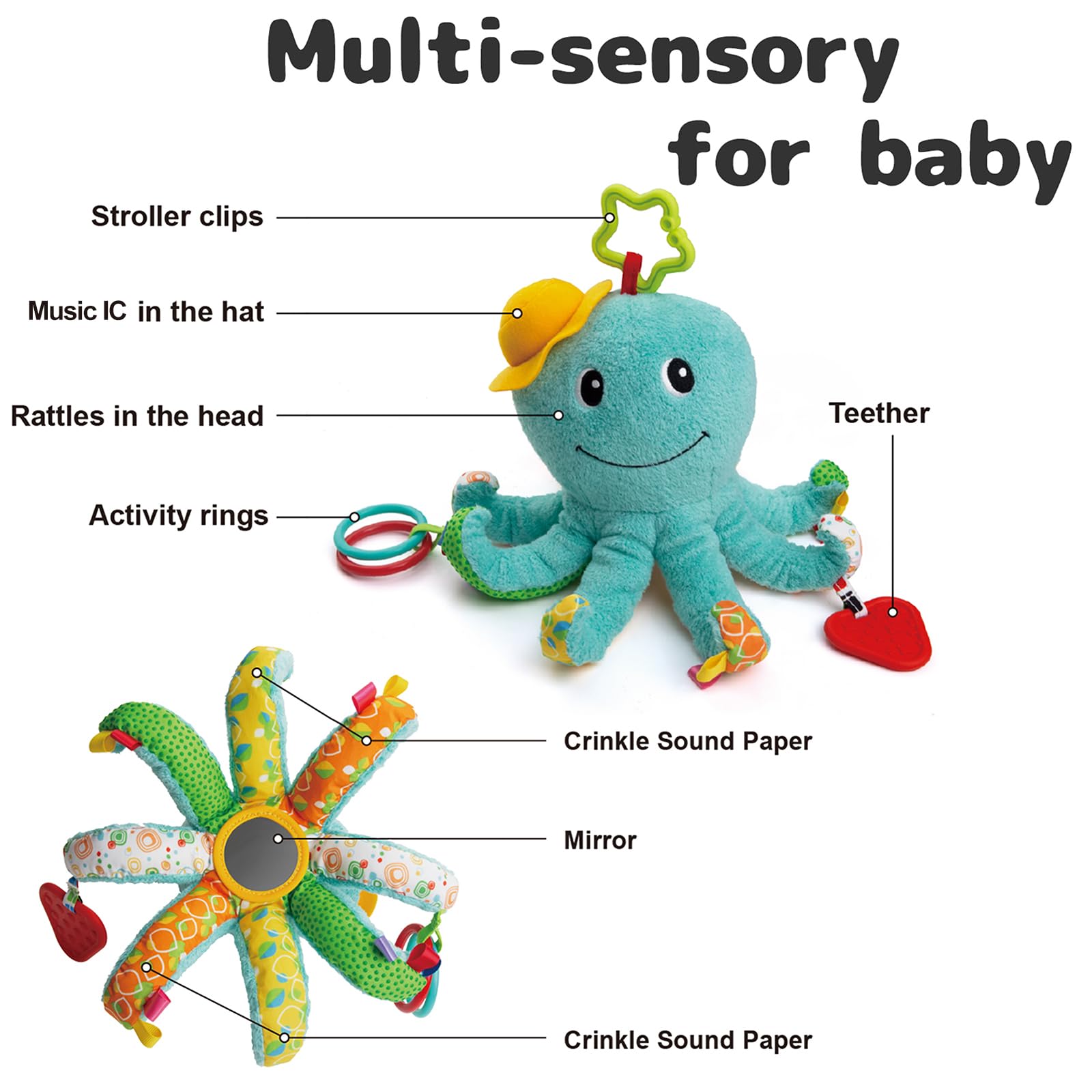 Sumobaby Infant Baby Musical Stuffed Animal Activity Soft Toys, Baby Teething Toys with Multi-Sensory Crinkle, Rattle and Mirror, for Tummy Time Newborn 0-3-6-12 Months Boys, Girls, Octopus, Blue