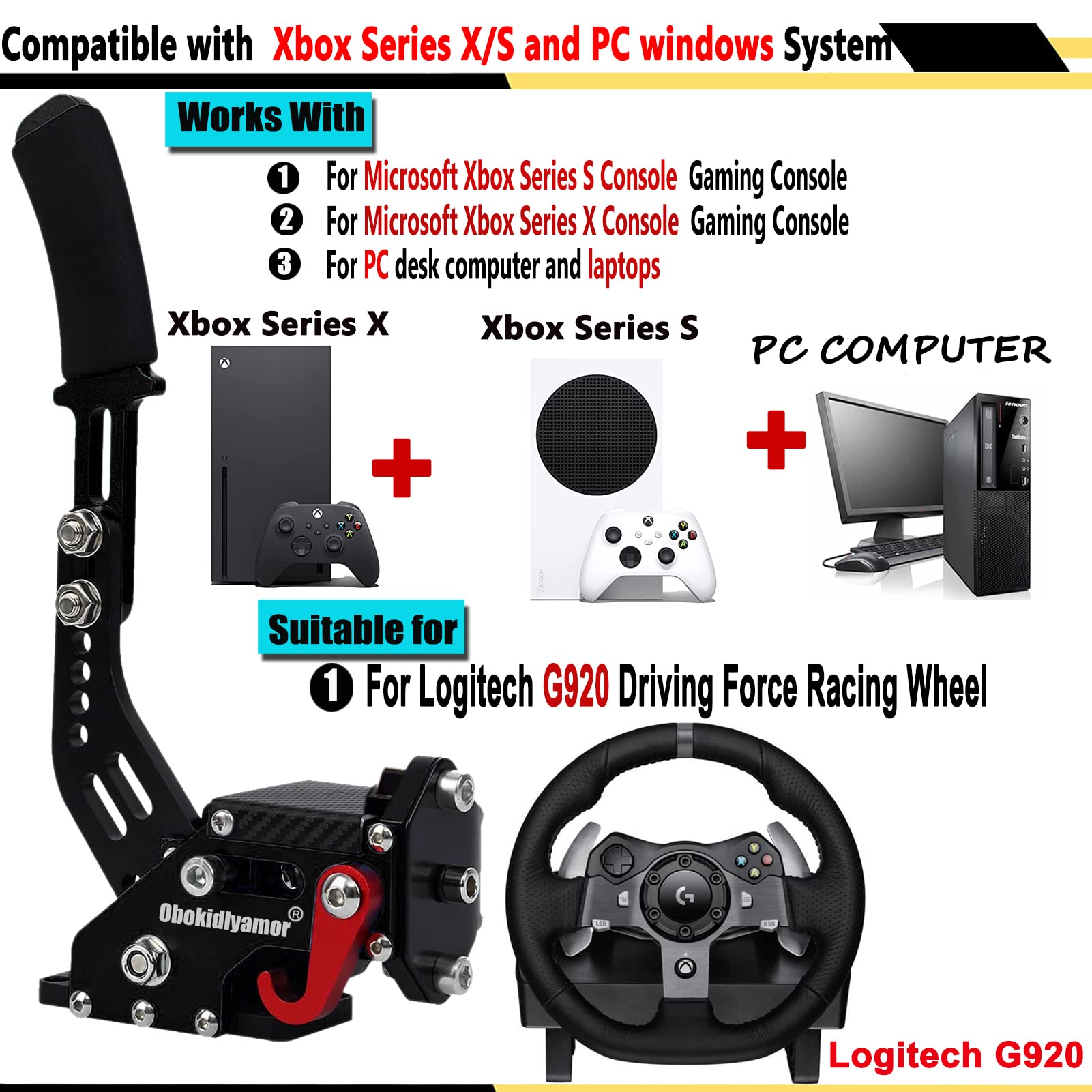 Obokidlyamor USB Handbrake Compatible with Logitech G920 Racing Wheel on Xbox Series S/X Console; PC System USB Handbrake SIM With Clamp Plate for Racing Games G923 (Only Handbrake, Black)