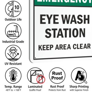 SmartSign 12 x 18 inch “Emergency Eye Wash Station - Keep Area Clear“ Sign With Graphic, Digitally Printed, 55 mil HDPE Plastic, Black, Green and white, Made in USA